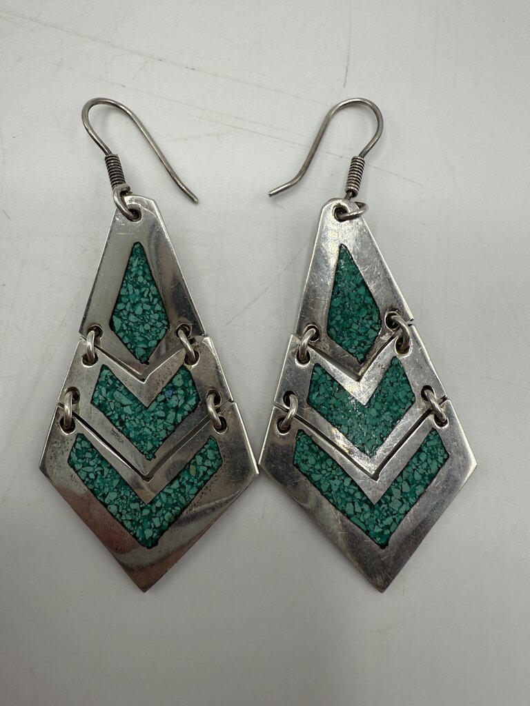 Mexico 925 Sterling Inlaid Crushed Malachite Pierced Earrings /ro