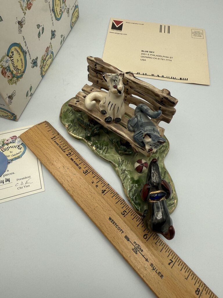 Clay works by Heather Goldminc Sculpture “Cathy’s on Park Bench Meeting Dog /ro