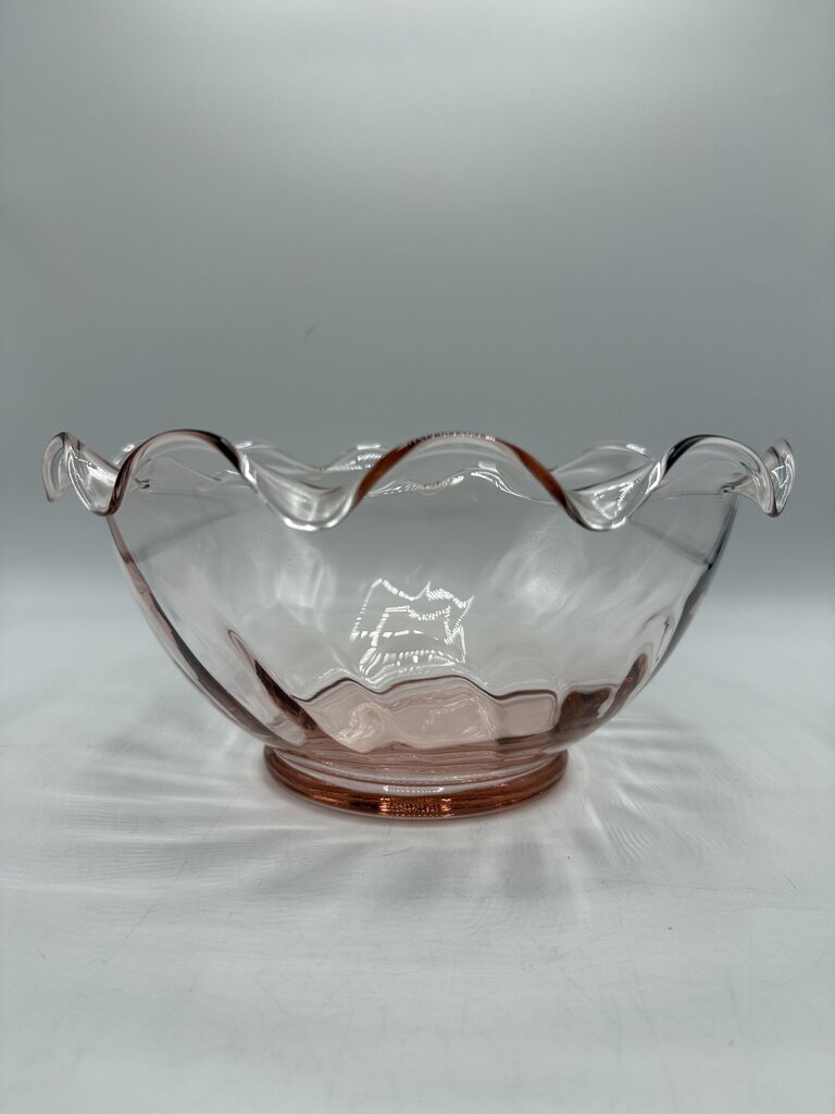 VTG Pink Optic Glass Large Serving Bowl w/Ruffled Edge /roh