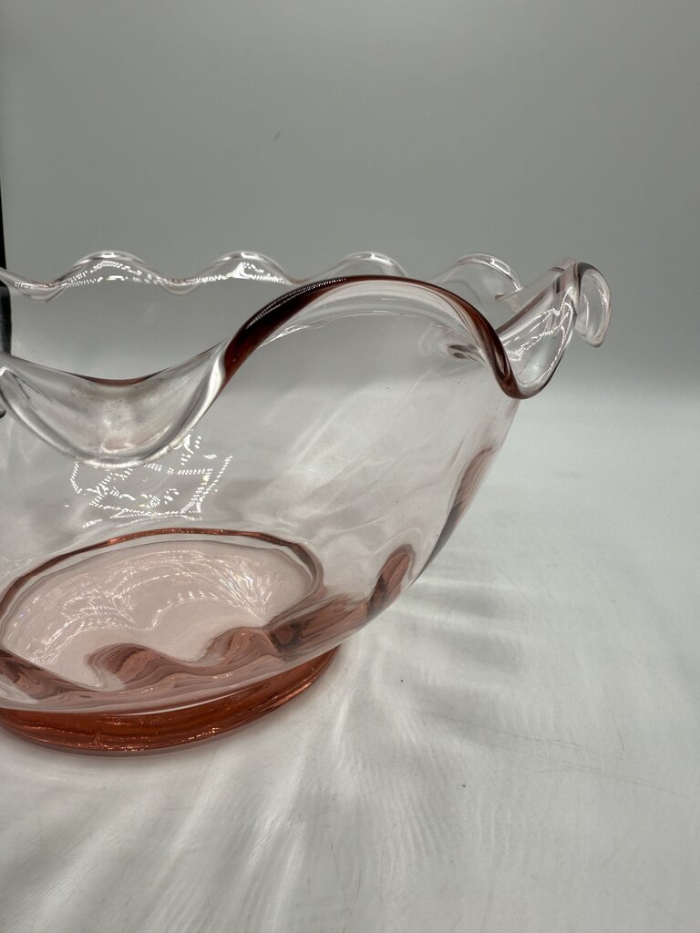 VTG Pink Optic Glass Large Serving Bowl w/Ruffled Edge /roh