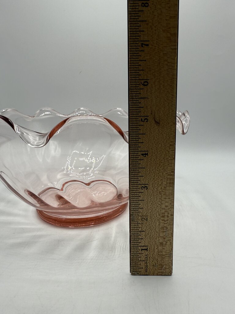 VTG Pink Optic Glass Large Serving Bowl w/Ruffled Edge /roh