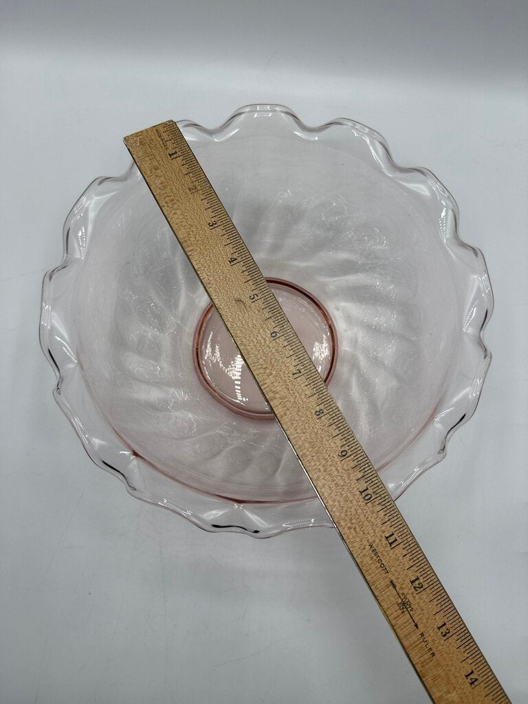 VTG Pink Optic Glass Large Serving Bowl w/Ruffled Edge /roh