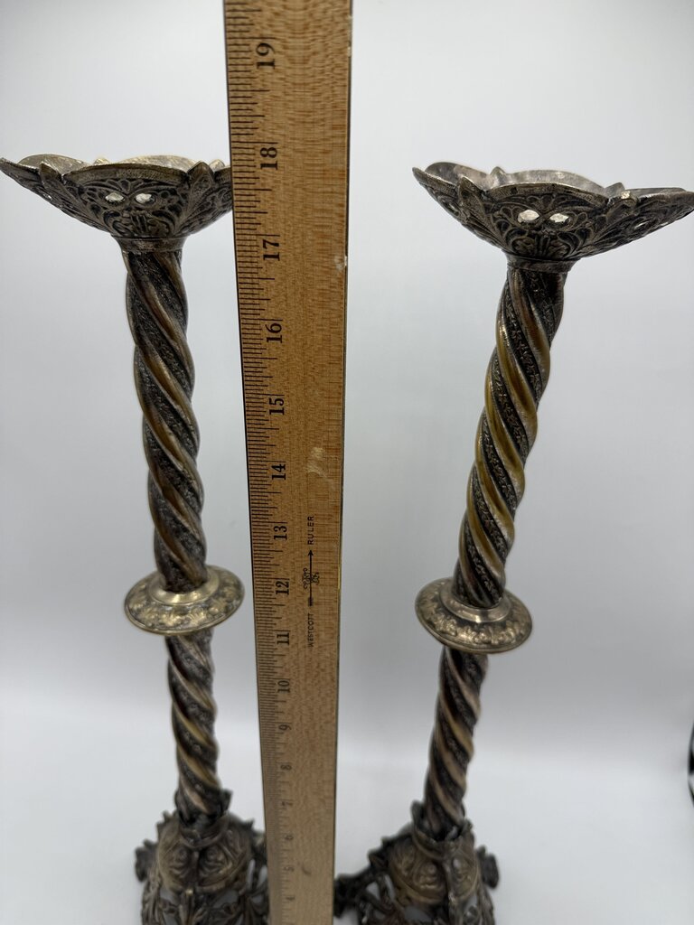 Antique Brass & Silver Plate Candlestick Holders 18” Tall /rw