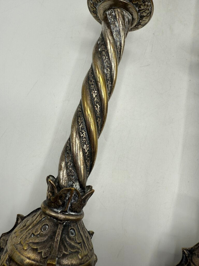 Antique Brass & Silver Plate Candlestick Holders 18” Tall /rw