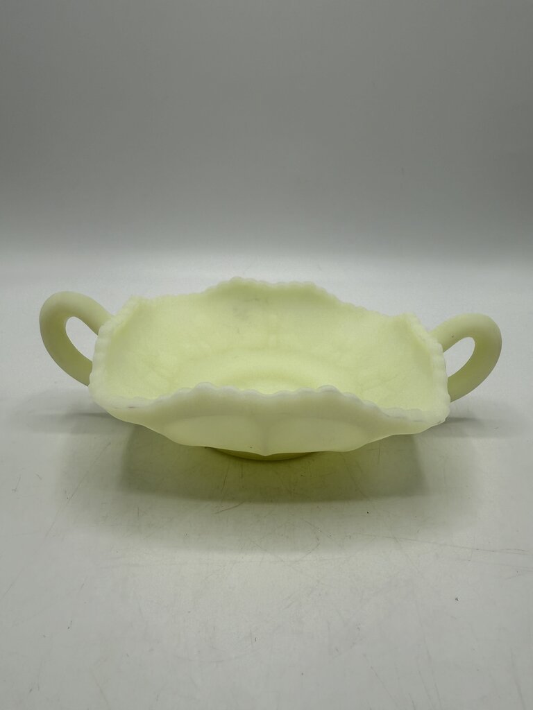 Fenton Custard Butterfly Uranium Glass Double Handle Dish /ro