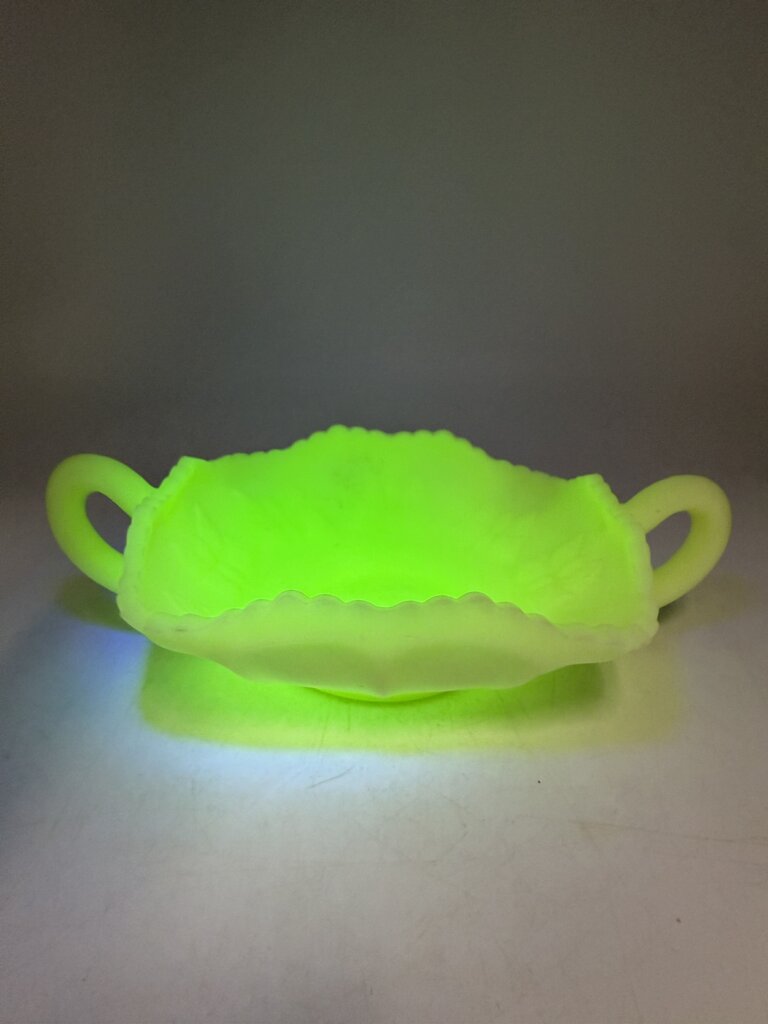 Fenton Custard Butterfly Uranium Glass Double Handle Dish /ro