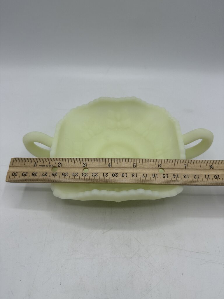 Fenton Custard Butterfly Uranium Glass Double Handle Dish /ro
