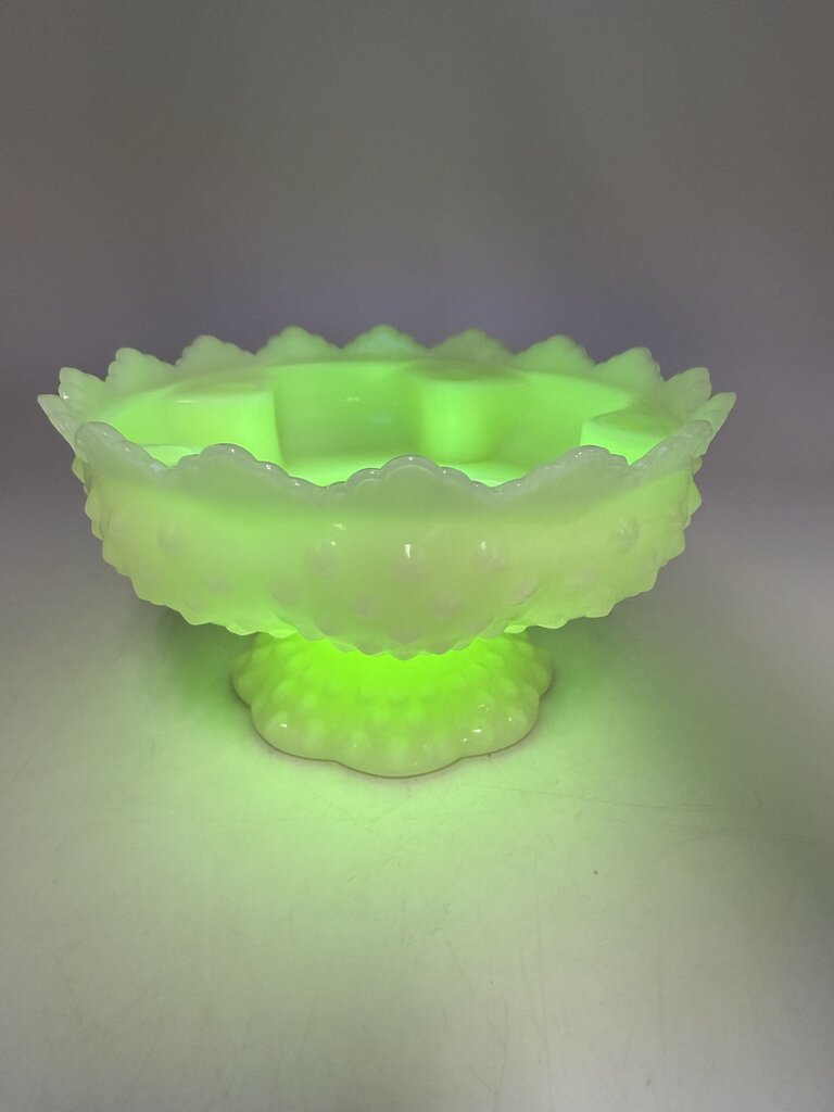 VTG Fenton Custard Uranium Glass Pedestal Hobnail Candle Holder/FlowerFrog 6”