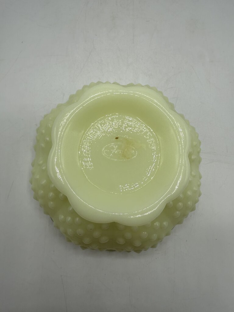 VTG Fenton Custard Uranium Glass Pedestal Hobnail Candle Holder/FlowerFrog 6”