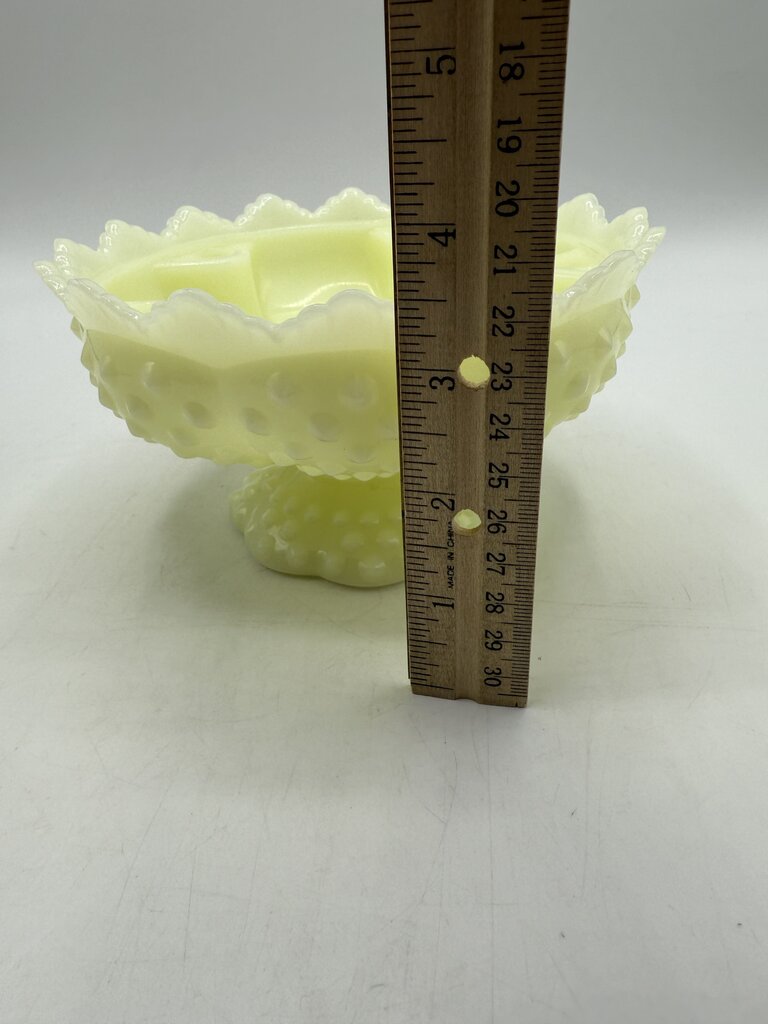 VTG Fenton Custard Uranium Glass Pedestal Hobnail Candle Holder/FlowerFrog 6”