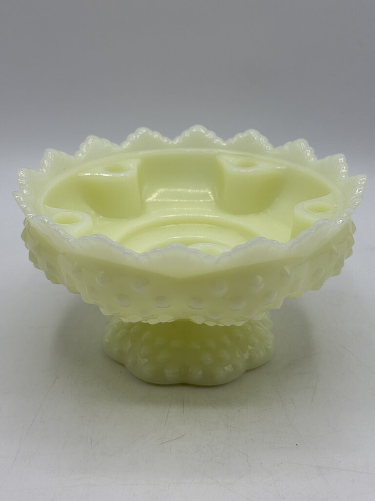 VTG Fenton Custard Uranium Glass Pedestal Hobnail Candle Holder/FlowerFrog 6”