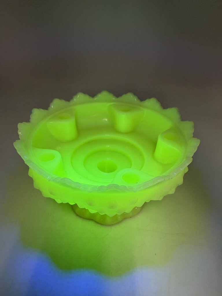 VTG Fenton Custard Uranium Glass Pedestal Hobnail Candle Holder/FlowerFrog 6”
