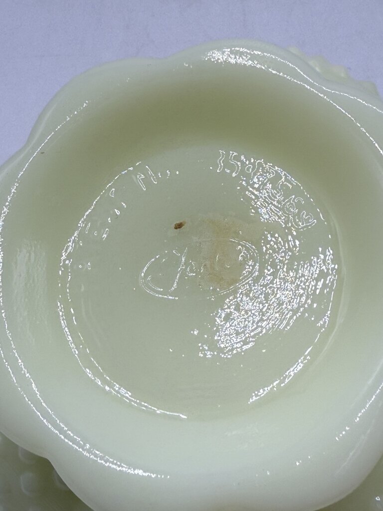 VTG Fenton Custard Uranium Glass Pedestal Hobnail Candle Holder/FlowerFrog 6”