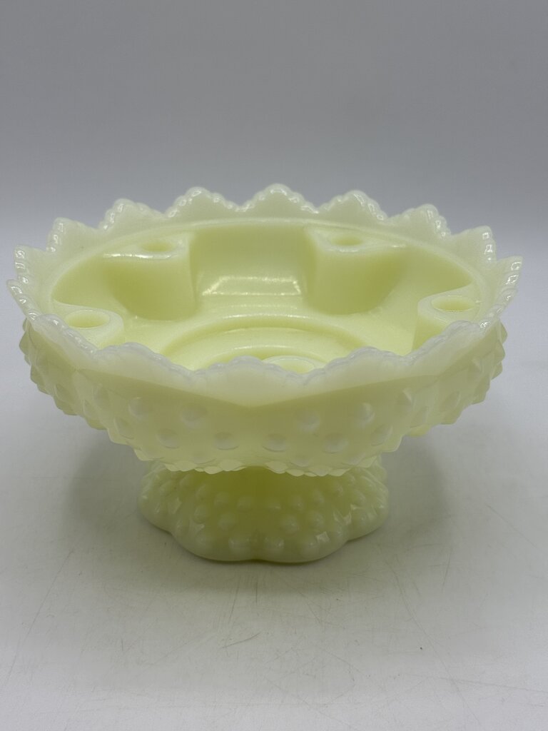 VTG Fenton Custard Uranium Glass Pedestal Hobnail Candle Holder/FlowerFrog 6”