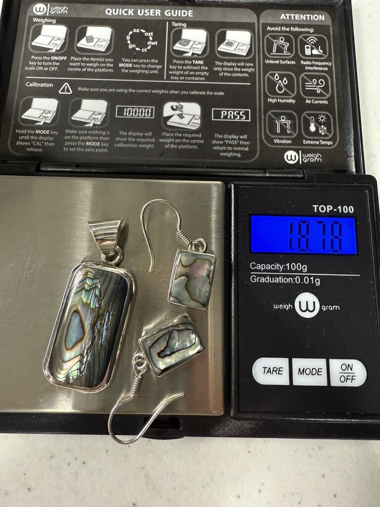 Abalone Shell Sterling Silver Pendant & Pierced Dangle Earrings /ro