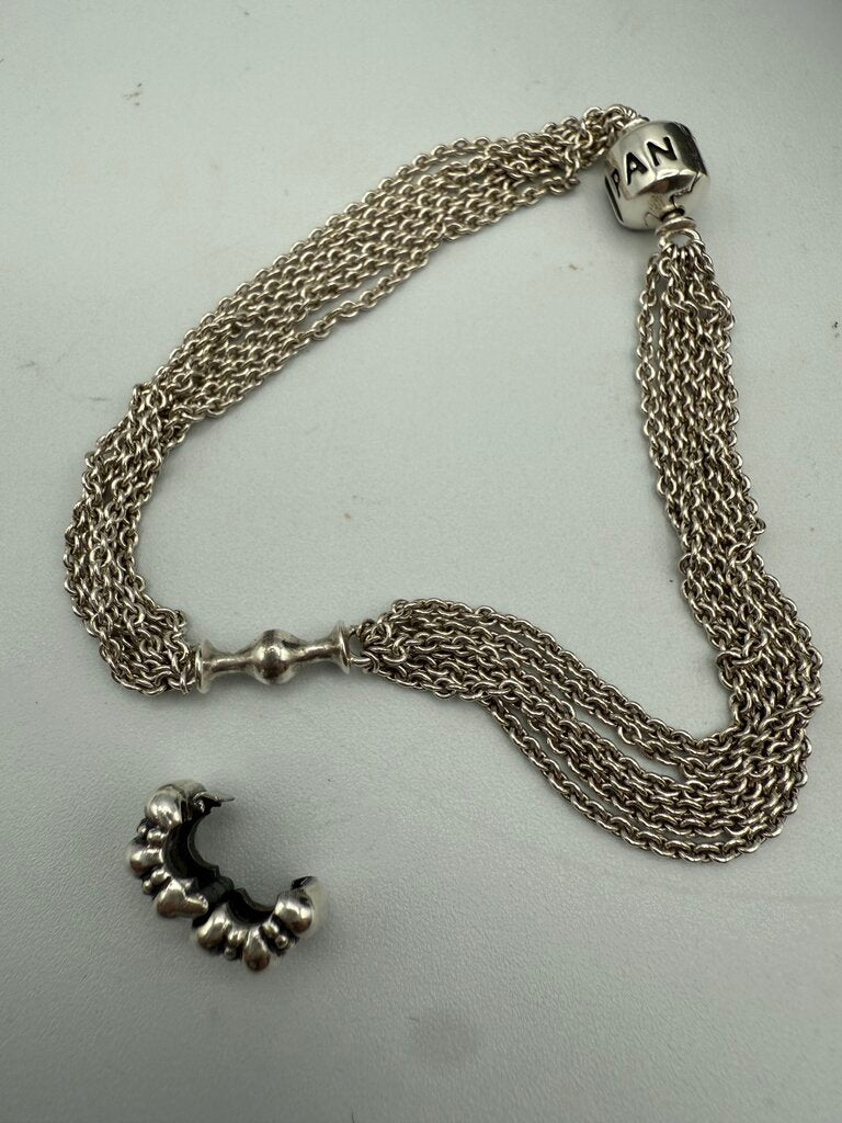 Pandora Multi Strand Chain Bracelet w/Fancy Clip Bead 7.5” /ro