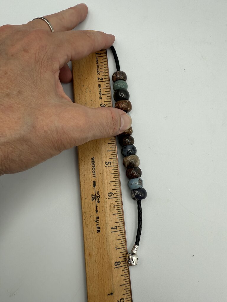 Pandora Black Leather Bracelet Sterling Snap Clasp 12 Stone Beads /ro