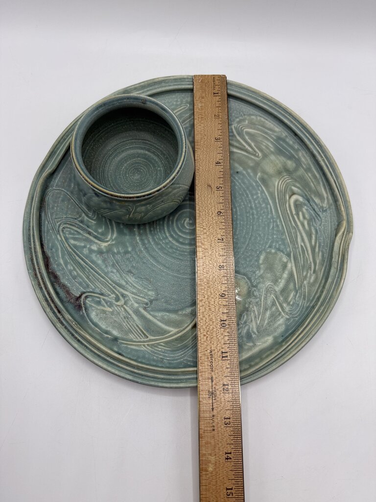 Handmade Pottery Tray w/Attached Bowl Charcuterie 12” Dia /rw