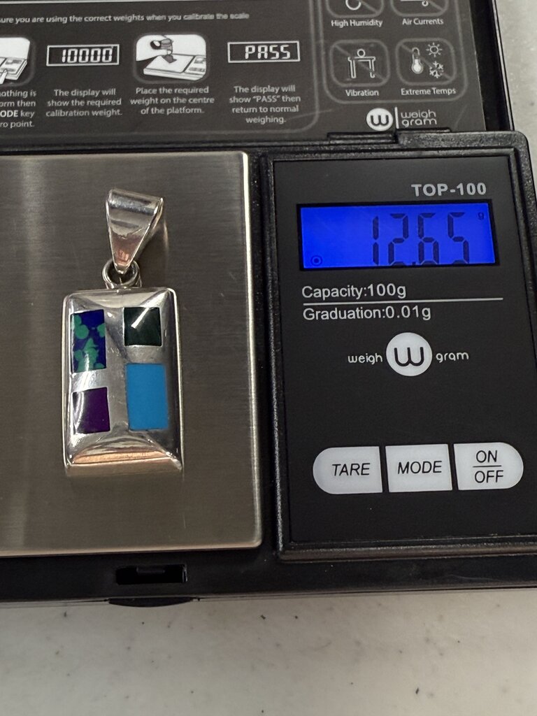 Sterling Silver Oblong Pendant Inlaid Turquoise Lapis Malachite Jasper 12.65 GR /ro