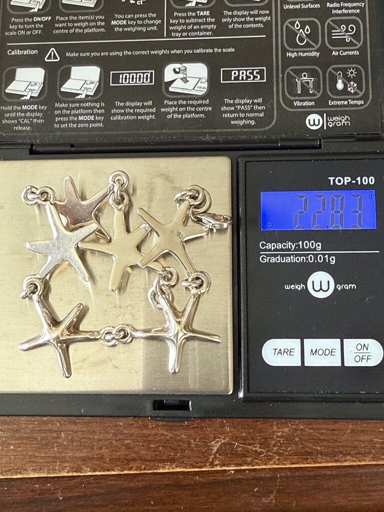 Solid Sterling Silver Bracelet 6 Starfish 22 Grams /ro