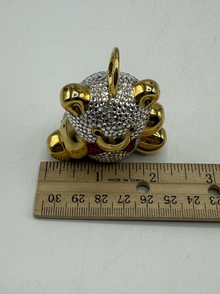 Judith Leiber Teddy Bear Baby Rattle Ornament Clear Crystals Red Bow Tie /ro