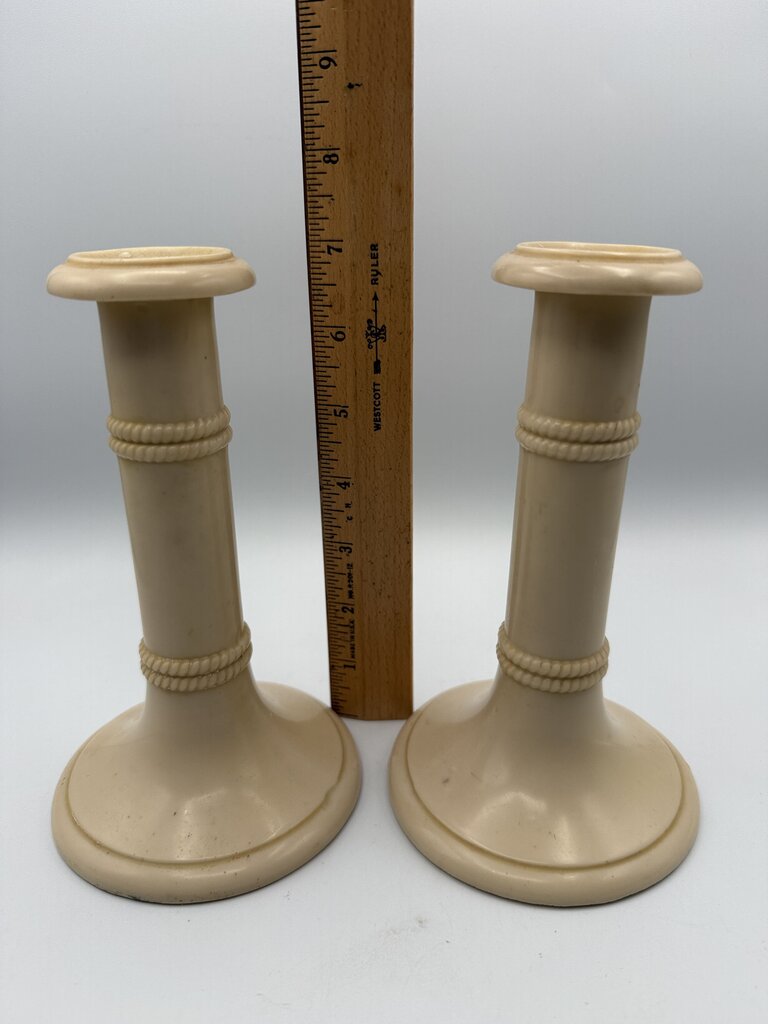 Antique set of 2 Celluloid Ivory Column Candlestick Holders 7” /ro