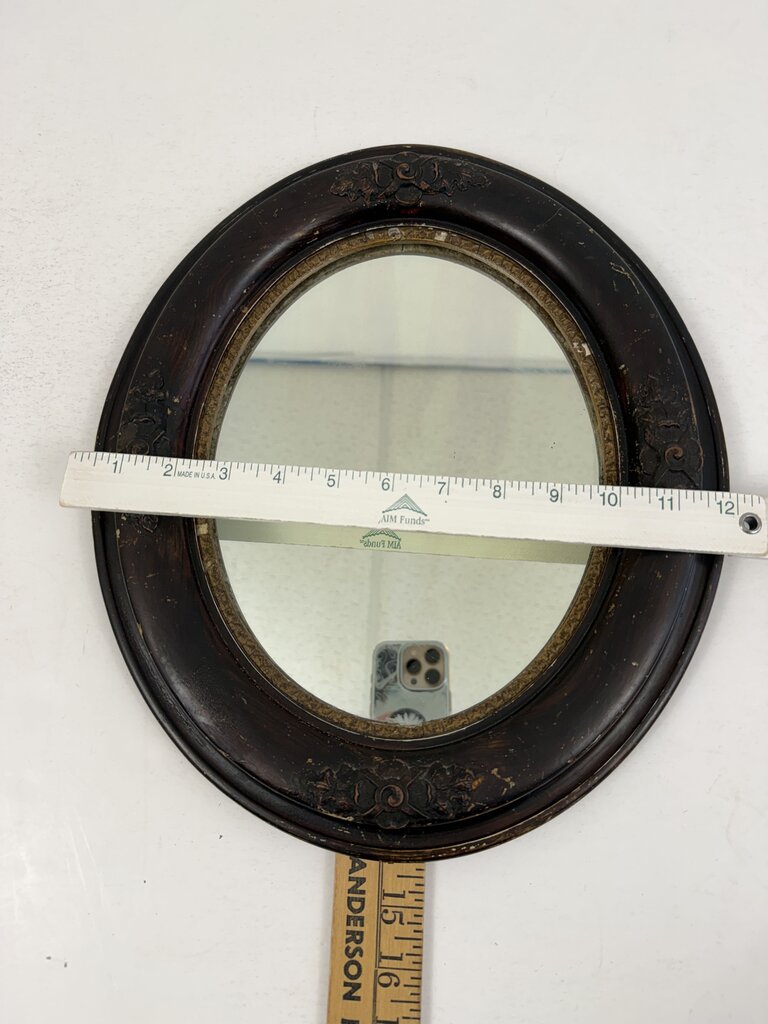 Antique Oval Dark Wood Ornate Framed Wall Mirror 14x12 /roh
