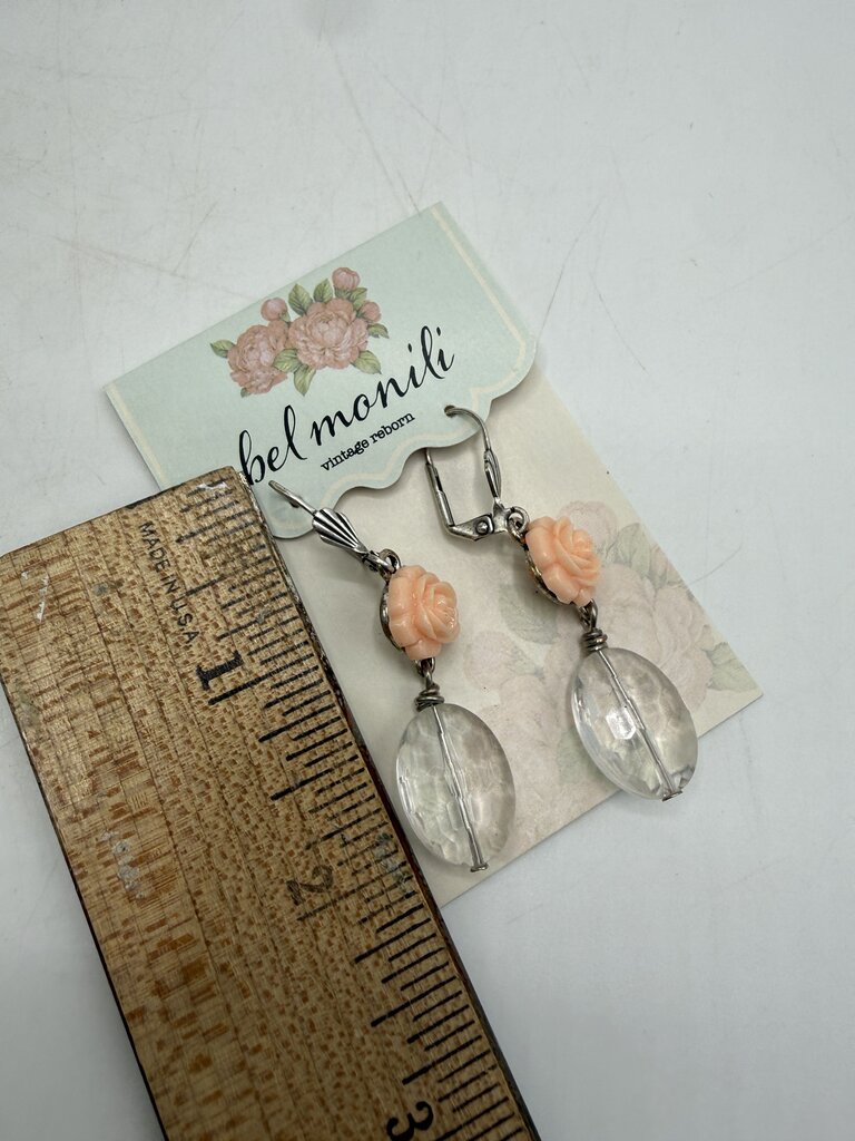 Bel Monili Vintage Reborn Pink Opal Rose Necklace Pierced Earrings /ro