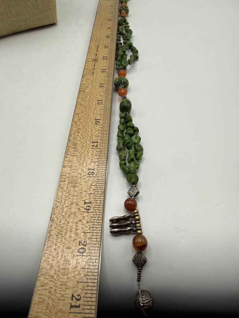 Chunky Green & Amber Stone Necklace w/Pierced Earrings /ro
