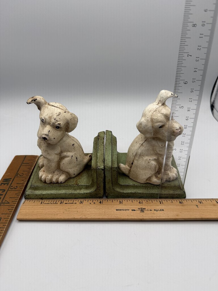 VTG HomArt Cast Iron White Puppy Dog Book Ends /rw