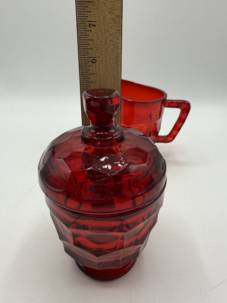 VTG Viking Glass Georgian Cranberry Honeycomb Sugar & Creamer w/lid /ro