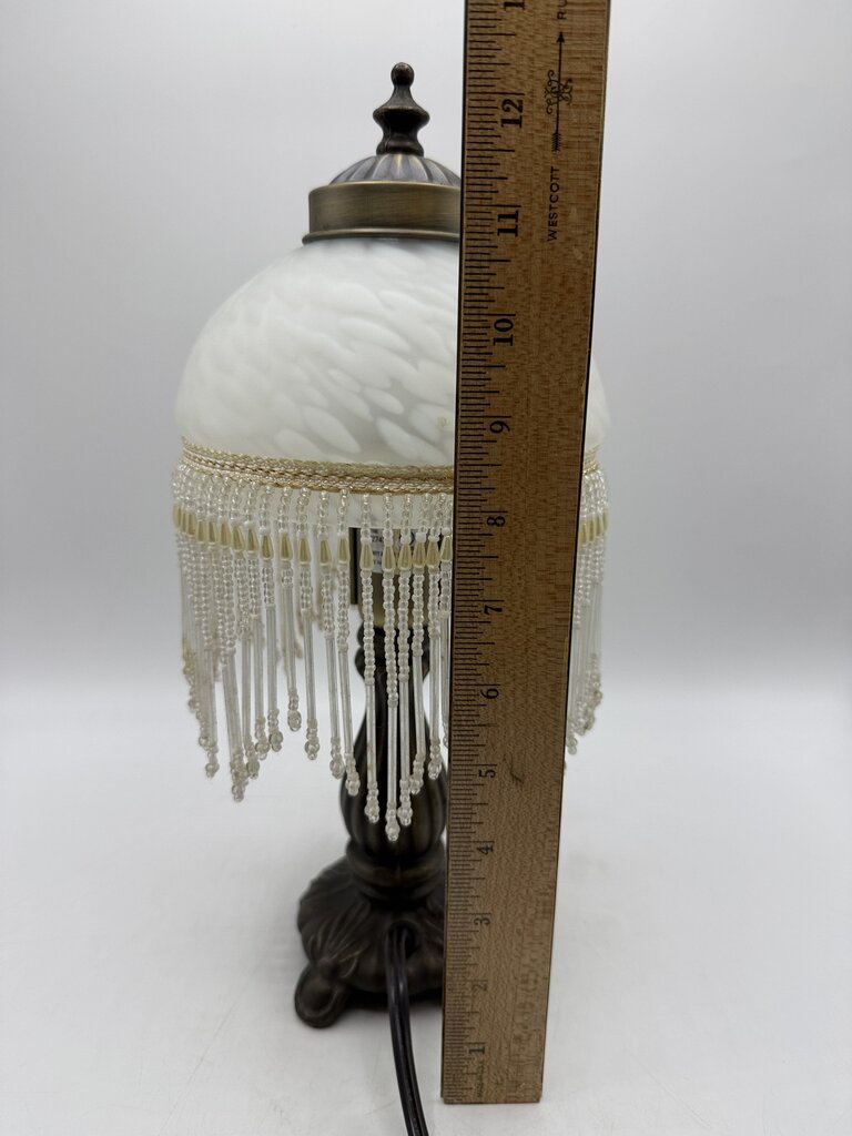 Victorian Bead Fringe Glass Tortoise Shell Shade Table Lamp 12” tall /rw