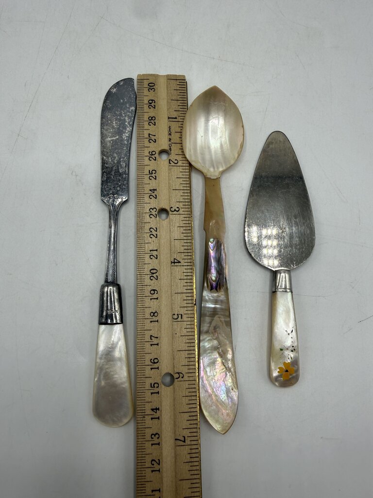 Set of 3 Antique Serving Pieces Mother of Pearl Sterling Collars MOP Handles /ro