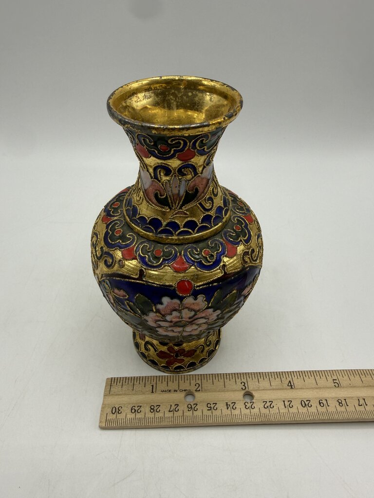VTG Cloisonné Vase 6” w/ Enamel & Gold Gilt Floral Theme /ro