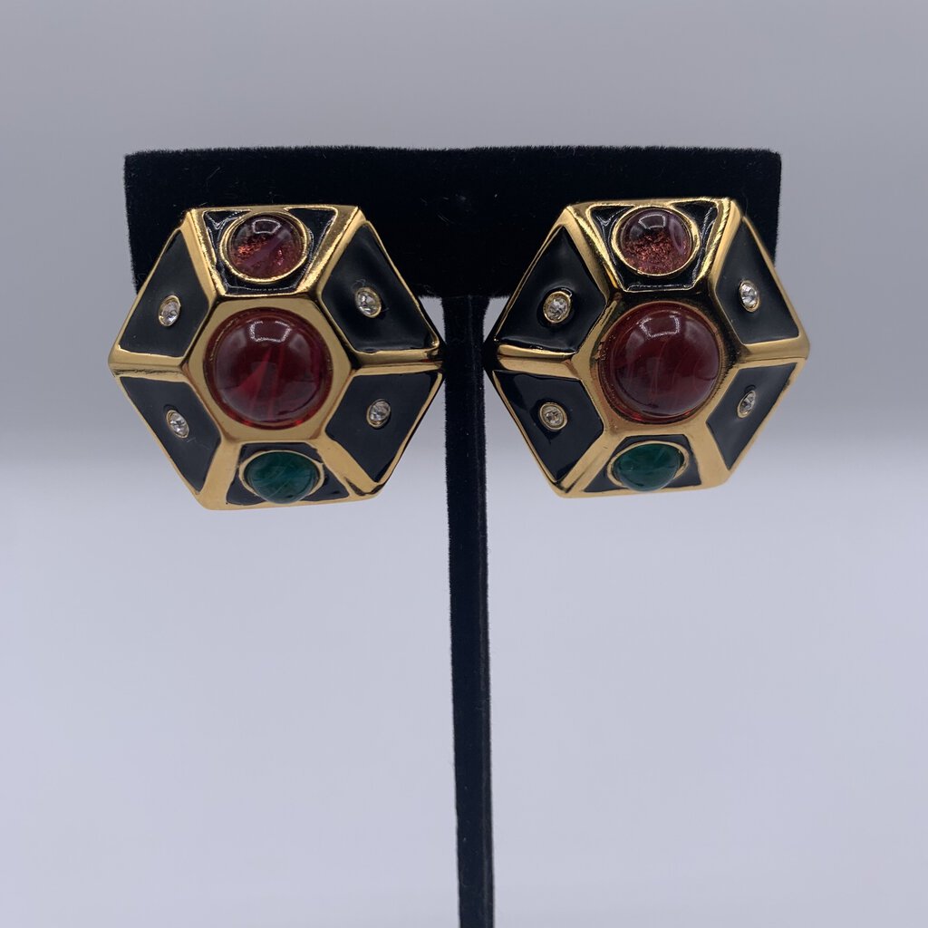 Vintage 1980s “Essex” Glass Cabochon and Enamel Clip-on Earrings /hg
