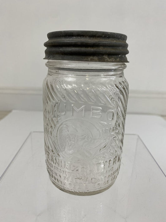 Rare Jumbo Peanut Butter Clear Glass Jar 12 oz w/Ball Zinc Lid /r