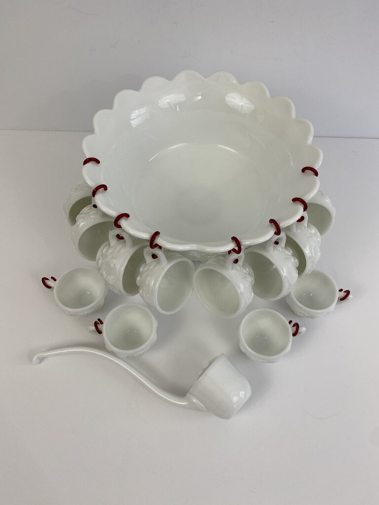 Rare Westmoreland Panel Grape White Milk Glass Pedestal Punch Bowl Set Ladle Cups Hangers /rb