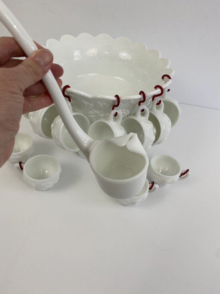 Rare Westmoreland Panel Grape White Milk Glass Pedestal Punch Bowl Set Ladle Cups Hangers /rb