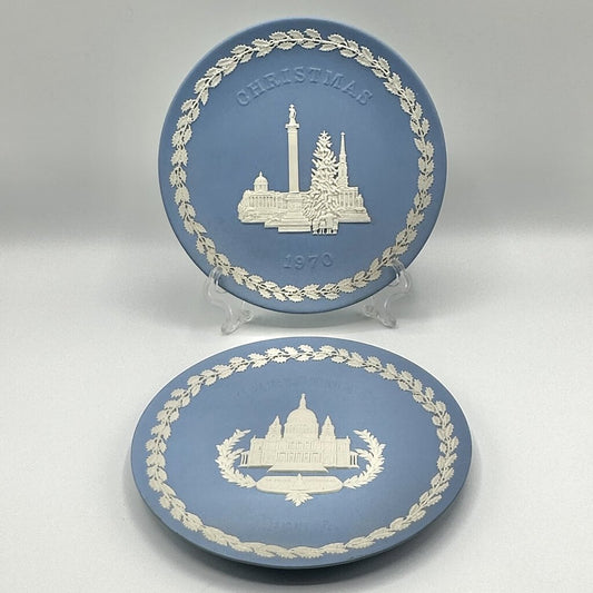 1970 & 1972 Wedgwood Blue Jasperware Christmas Collector Plates /cb