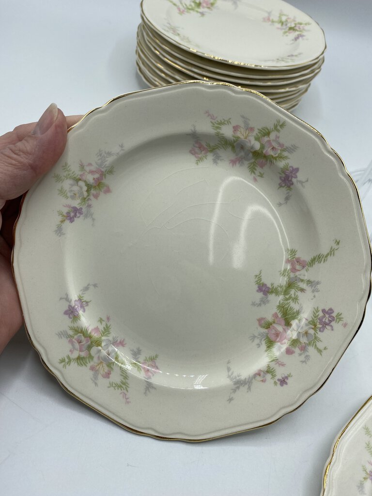 Crown Potteries 7” Dessert Plates set of 12 Pink & Lavender Flowers /rb