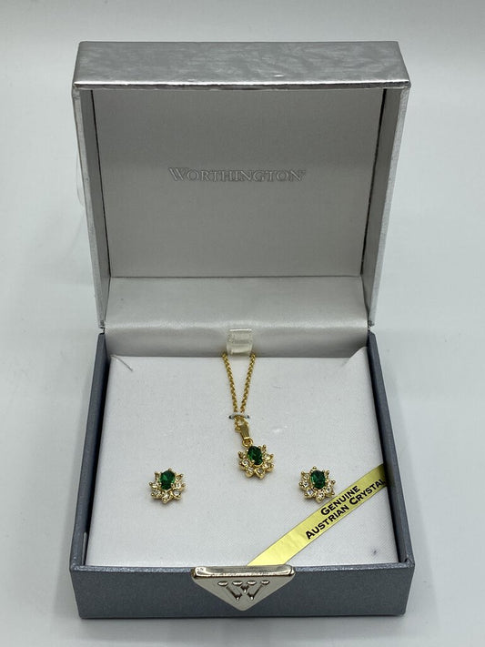 Worthington Emerald Green Austrian Crystal Gold Tone Necklace Earring Gift Box /ro