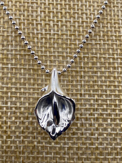 .925 Sterling Silver Calla Lily Pendant 18” Bead Ball Chain /ro