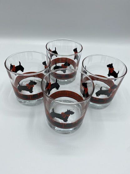 Vintage Anchor Hocking Scotty Dog Red Plaid Rock Glasses set of 4 /rw