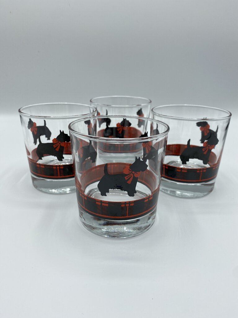 Vintage Anchor Hocking Scotty Dog Red Plaid Rock Glasses set of 4 /rw