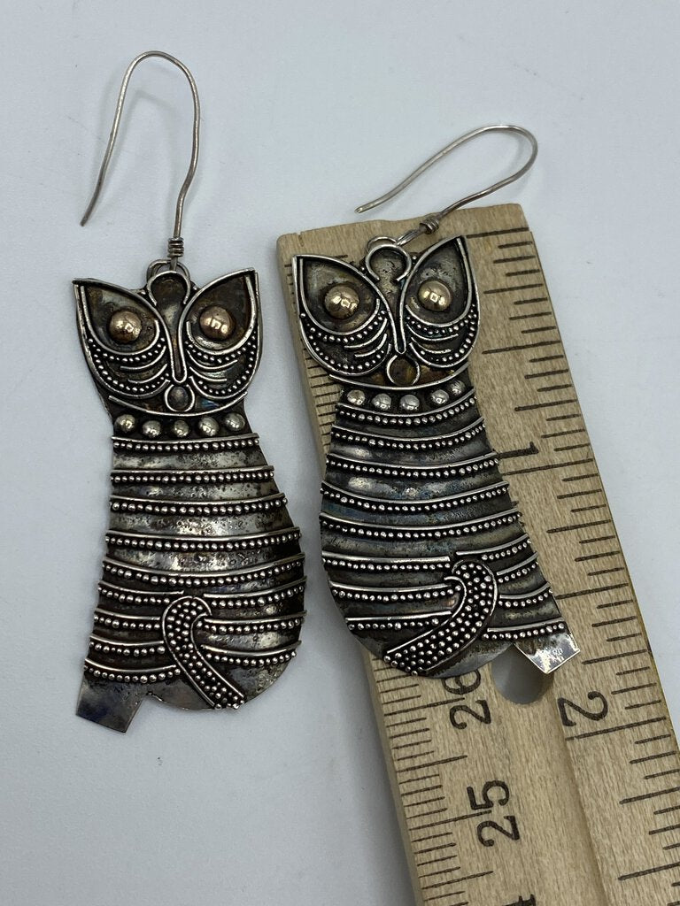 Balinese Sterling Silver Kitten Dangle Earrings 1.5” /ro