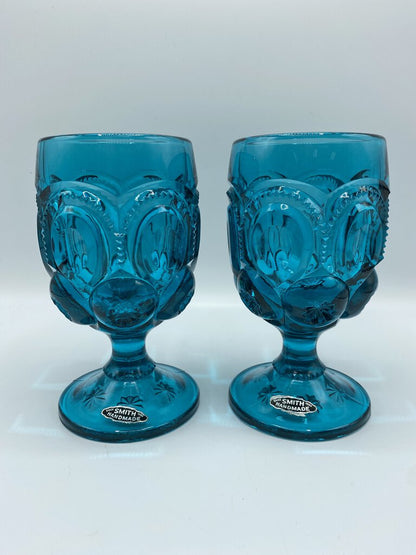 Set of 2 L.E. Smith Moon & Stars Water Goblets Teal Blue w/Stickers /rw