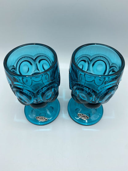 Set of 2 L.E. Smith Moon & Stars Water Goblets Teal Blue w/Stickers /rw