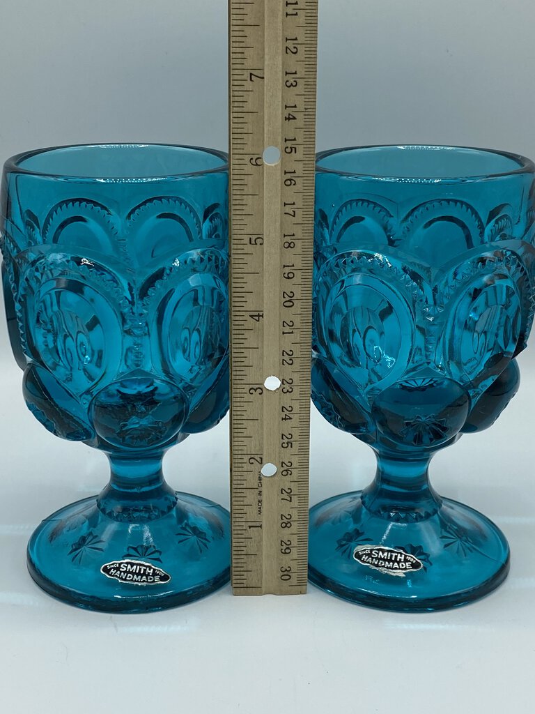 Set of 2 L.E. Smith Moon & Stars Water Goblets Teal Blue w/Stickers /rw