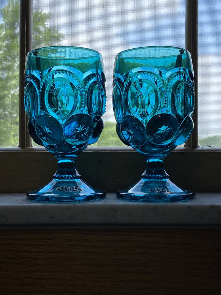 Set of 2 L.E. Smith Moon & Stars Water Goblets Teal Blue w/Stickers /rw