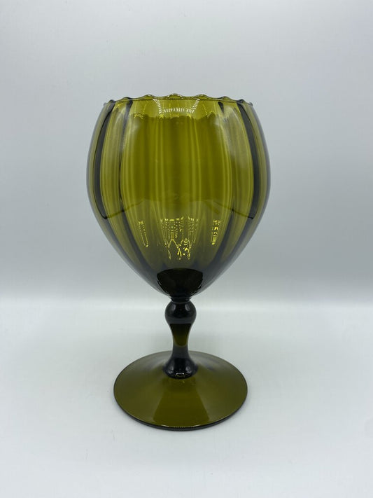VTG Empoli Olive Green Glass Pedestal Optic Ribbed Ruffle Edge Compote /rw